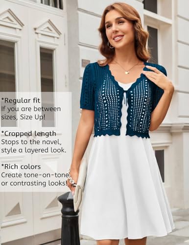 Image of Kate Kasin Women Crochet Shrug Knit Sweater, Short Sleeve Cropped Cardigan | Tie Front Tops Light Weight, Knit Cover Up Arm Bolero For Evening Dresses Dressy Casual, Ladies Eyelet Shawl Thin Formal