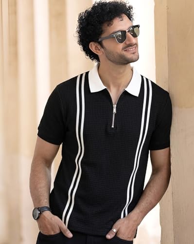 Image of AUSK Men's Textured Vertical Striped Knit Polo T-Shirt | Half Sleeve Zipper Neck Self-Design Casual Tee | Mens Tshirts