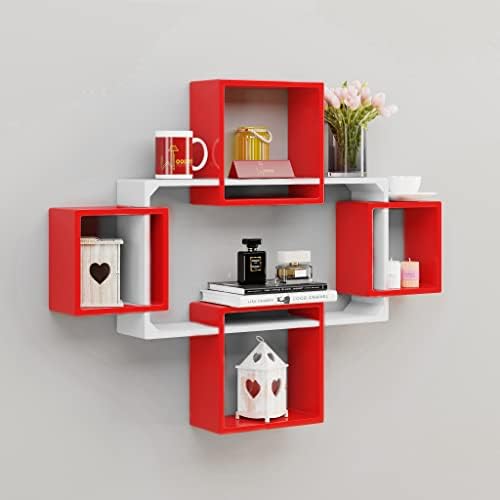 WooDinto Wooden Intersecting Wall Shelves for Living Room, Bedroom | Wall Mount Shelf | Wall Rack | Wall Hanging Storage Unit | Wall Organiser Shelf (Set of 5, Red & White) (B0BQJJ4G31) Amazon Price History, Amazon Price Tracker