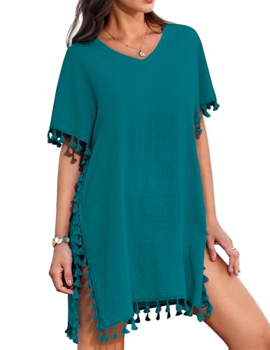 AI'MAGE Bikini Cover Up Damen Strandkleid Sommer Strandtunika Kurzarm Strandponcho Sommerkleider mit Quasten, Blaugrün, XXL