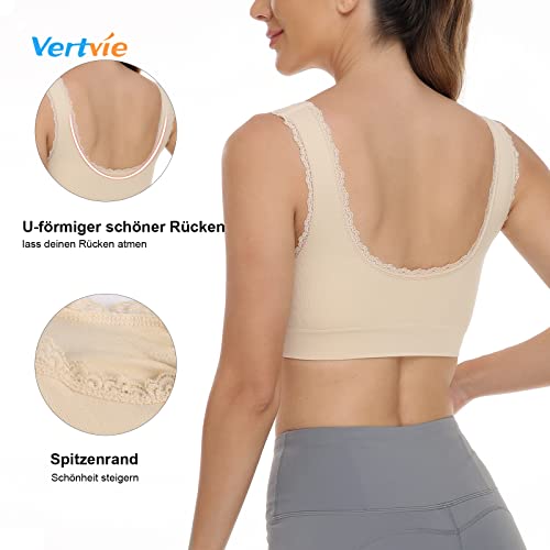 Foto von Vertvie Damen Sport BH Spitzen BH Frauen Bustier Lace Bra Dünn Front Closure Push Up Ohne Bügel Top für Yoga Fitness Training Stretch Wohlfühl-BH(C-Schwarz+Weiß+Haut, L)