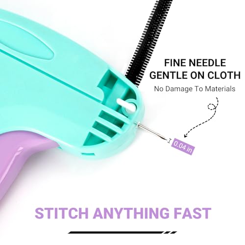 Image of Stitch Gun for Clothes - Handheld Quick Clothing Fixer - Tagging Gun for Clothing, Sewing Kit - Includes 6 Fine Needles, 1000 White & 1000 Black Fasteners (Purple Green)