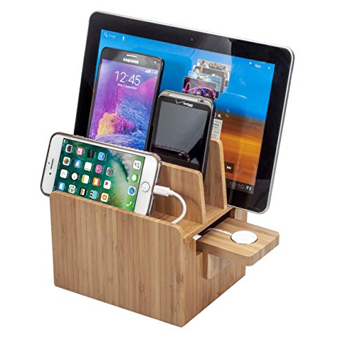 Bamboo Charging Station with Compatible Apple Watch Charger Adapter plus Apple Approved MFI Cable