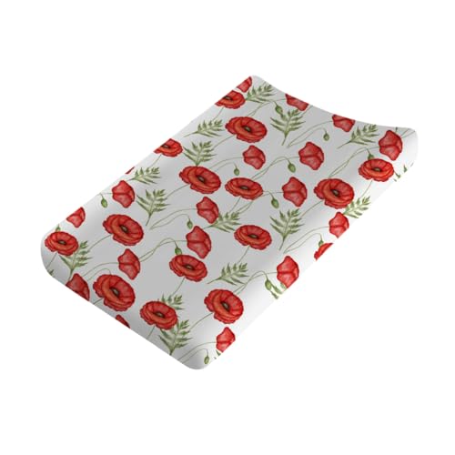 Boho Retro Poppy Flowers Leaves Baby Changing Pad Covers for Boy Girl 32''x16'' Red Poppy Floral Spring Blossom Fitted Diaper Change Table Sheet Wild Plants Soft Breathable Nursery Changing Table Mats