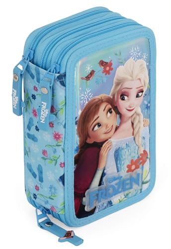 Clondo Estojo escolar completo com 3 compartimentos, 46 acessórios para crianças, kit de papelaria com 3 canetas de gel apagáveis, marcadores, ceras, cola, sublinhador, Gadget oficial, Frozen 26