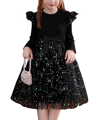 Girl Tulle Dresses Long Sleeve Sequins Girls Tutu Dress Fall Winter Cute Ruffle Holiday Party 4-12Y