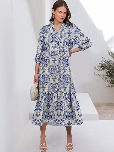 ANRABESS Women Summer Dress 2025 3/4 Puff Sleeve Polo V Neck Floral Print Casual Boho Shirt Maxi Dress Beach Vacation Clothes2