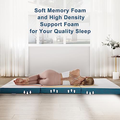 SINWEEK Memory Foam Folding Mattress, 4 Inch Foldable Trifold Mattress Topper, CertiPUR-US Certified Guest Bed with Cooling Cover & Waterproof Lining