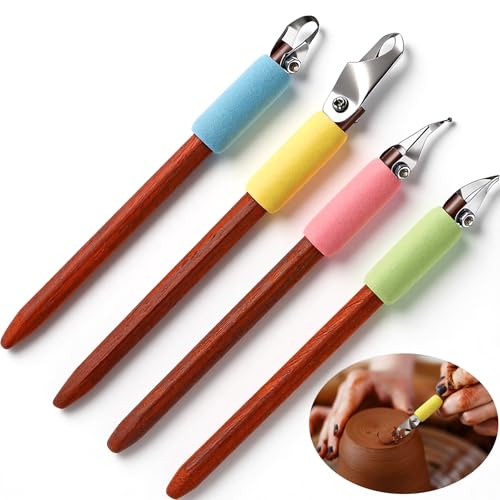 Leriton 4 Pack Pottery Carving Tool Set 5.9inch Sculpture Carving Scraper Tool Pottery Modelling Shape for Tea Cup Mug Vase Leather Hard Clay Cutters with Wooden Handle for Ceramic Sculpture Craft