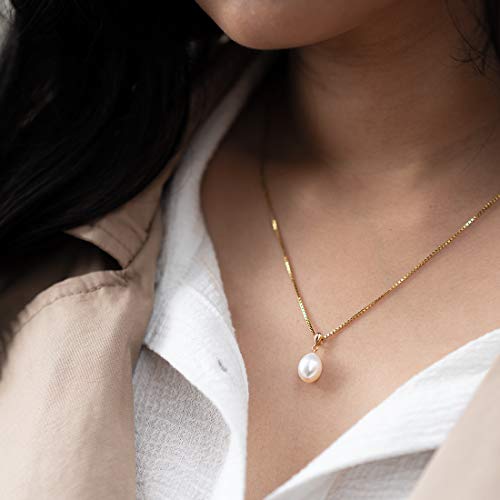PEORA Freshwater Cultured White Pearl Pendant in 14K Yellow Gold, Baroque Oval Shape, 10x8mm Dainty Solitaire, Dainty Pearl Necklaces, Elegant Wedding Pearl Necklace & Bridesmaid Jewelry 5