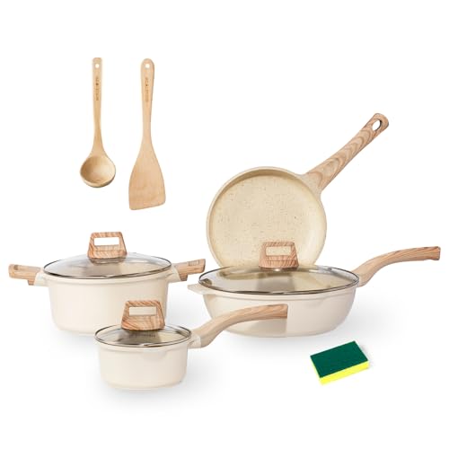 10Pcs Pots and Pans Set,nonstick Cookware Set Kitchen Cooking Set,Non-toxic Healthy Granite Induction Cookware Sets with firm heat-resistant handle(PFOA Free)