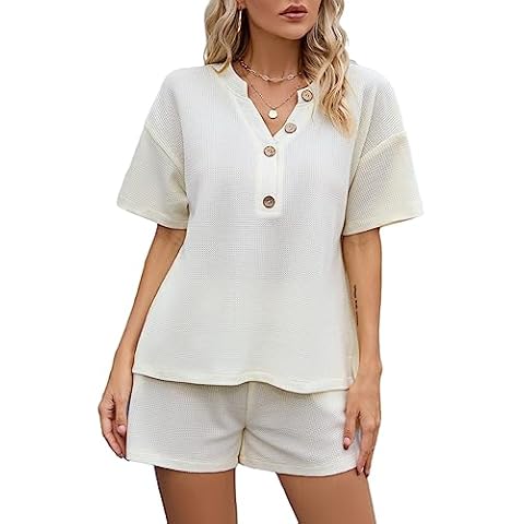 SAPJON Womens Pajama Sets 2 Piece Waffle Matching Lounge Sets V Neck Short Sleeve and Shorts Sets Outfits Loungewear Apricot Cover