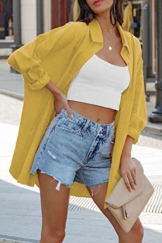 Image of FSHAOES Womens Oversized Button Down Shirts Casual Loose Long Sleeve Solid Lapel Long Blouses Tops with Pockets