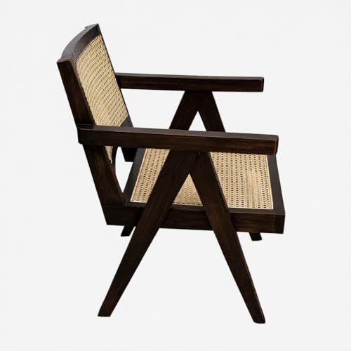 Image of Sainistree Furniture | Solid Sheesham Wood Rattan Armchair | Teak Brown Finish, Cane Back & Geen Upholstery | Mid-Century Modern Accent Chair for Living /Dining Room (Pair of 2, Rattan Walnut)