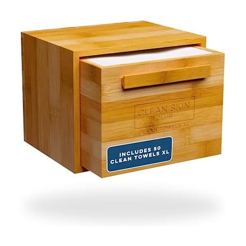Clean Skin Club Luxe Bamboo Box with Drawer & Towels XL, Face Towel, Disposable Makeup Remover Dry Wipes, Facial Wash (Bamboo Container Drawer) Cover