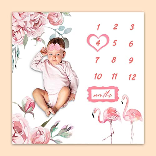 Image of PHMOJEN Baby Monthly Milestone Blanket, Pink Flamingo Floral Growth Chart Blanket for Baby Pictures, 47"x47" New Born Photography Backdrop 1 to 12 Months Include 4 Frames, 1 Headband, BTXTPH74