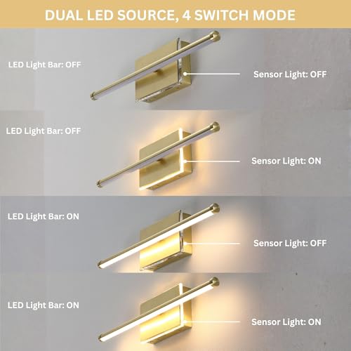 Image of 20-Inch Smart LED Vanity Light Bar | Dual Light Source (10W Main /3W Motion Sensor) | 4 Switch Modes (Incl. Night Light) | 3000K, 1040LM, CRI 90+, Dimmable, ETL(Brushed Gold)
