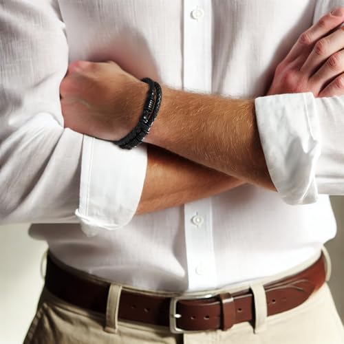 Pulsera de cuero trenzado negra con ornamentos de acero inoxidable miniatura 3