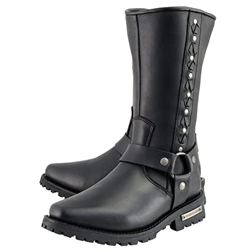 Milwaukee Leather Men's Black Leather Harness Motorcycle Boots with Braid and Riveted Details MBM90254