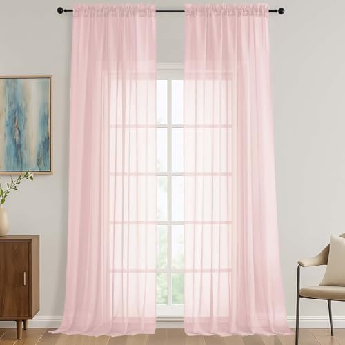 Image of OVZME Sheer Blush Pink Curtains 108 Inches Long 2 Panels Set, 59 Inch Extra Wide Lightweight Airy Blush Pink Sheer Curtain for Living Room Bedroom, Filmy Voile Rod Pocket, 59Wx108L Inches
