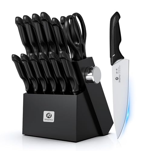 imarku Knife Set with Block, Sharp Knives Set with Built-in Sharpener, Stainless Steel Kitchen Knife Sets with Non-Slip Ergonomic Handle, Dishwasher Safe, 14 PCS Professional Knife Set for Gift, Black