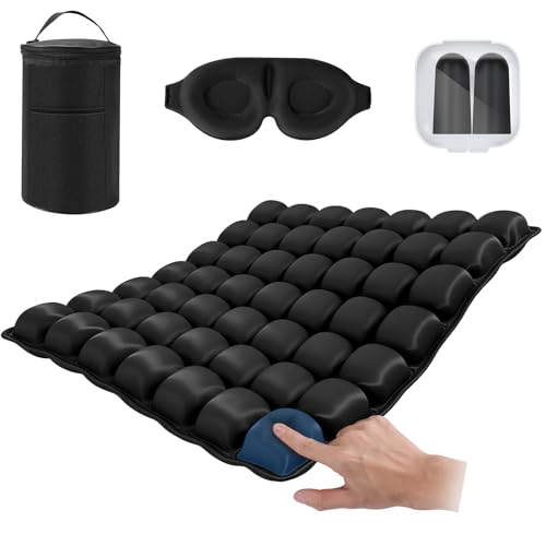 nowcamp Portable Inflatable Seat Cushion, Airplane Travel Cushion Kit with Storage Pouch, Eye Mask & Earplugs, Fits Airplane Seat/Car/Office/Chairs (49 Air Cells)