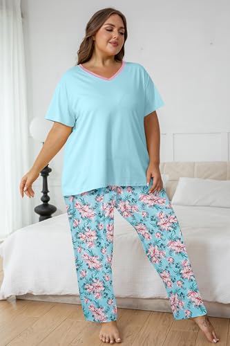 Image of Vozanet Women's Pajama Sets Short Sleeve with Long Pant Soft Sleepwear Printed pj Loungewear With TWO Pockets Size 1X to 5X
