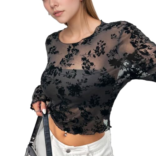EMOTTOS Camiseta de Encaje Estampadas para Mujer, Top Corto Sexy con Cuello Redondo de Malla Y2K, Camiseta de Manga Larga Transparente, Corte Ajustado Ropa de Verano, Negro, Tallas S