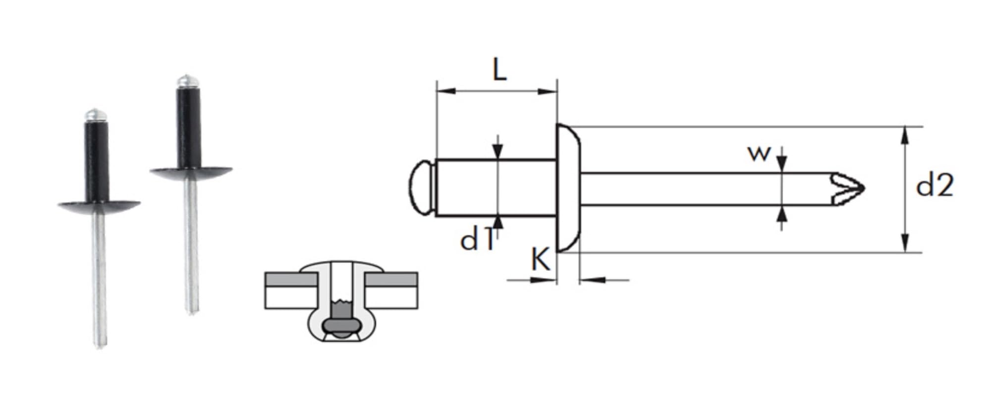 Remaches de brida grande, 50 remaches ciegos negros con cabeza de brida grande de acero y aluminio de 3,2/4/4,8 x 8, 10, 12, 14, 16 y 20 mm(4.8x12x16mm)