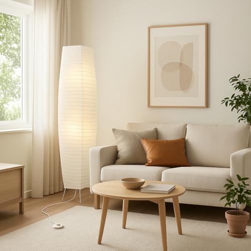 LIGHTACCENTS 50” Rice Paper Standing Lamp – Modern Japanese Floor Lamp with Chrome Base, White Shade, Foot Pedal Switch – Floor Lamps for Living Room, Bedroom, or Meditation Space