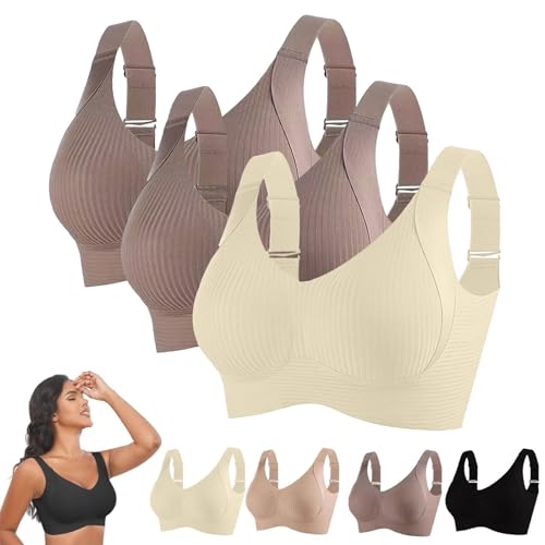 3 Piezas Sujetador Sin Aros Mujer Suave 2025 Sujetadores De Forma Seamless Ligero Base Top Corsé Espalda Desnuda Push Up Sujetador Lactancia Cómodo Bra Gimnasia Correas Ajustables, Café+café+blanco, L