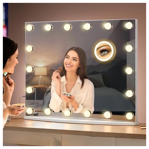LUXFURNI Vantity bordsskiva makeup Hollywood spegel dimbar ljus beröringskontroll 18 kalla/varma LED-lampor, avtagbar 3 x förstoringsspegel