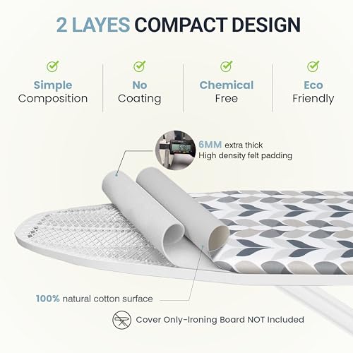 Image of Ironing Board Cover and Pad 18 inchx49 inch Extra Thick Natural Cotton, Scorch and Stain Resistant Iron Board Cover, Wide Ironing Board Cover with Fasteners Heavy Duty Heatproof Elastic Edge Foliage