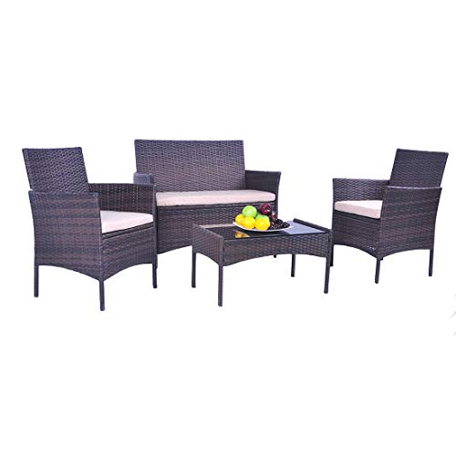 CAYNEL 4 Pieces Outdoor Patio Furniture Set, Sofa Seating Group with Cushions, Rattan Wicker Chair with Table, Outdoor Indoor Use Backyard Poolside Balcony Furniture(Brown) - Thumbnail 3