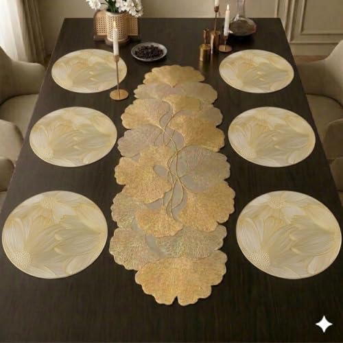 Image of Dakshya Industries Dining Table Mats Round PVC Set | 6 Waterproof Placemats (38 x 38 cm) + 1 Table Runner (91 x 33 cm) | Heat Resistant, Kitchen Decor (Verique)