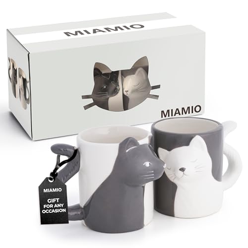 MIAMIO - Kissing Cat Mugs Set/Coffee Cups, Cat Lover Couple Gifts for Men/Women (350 ml), # Gray, 14 cm x 9 cm