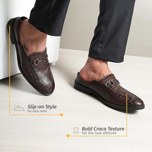 Image of YOHO Lofos Mules for Men | Open Back Cut Comfortable Loafers | Stylish, Flexible Slip-On Formal Shoes with Footpharma Footbed