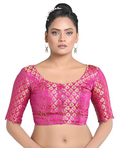 Madhu Fashion Women's Brocade Elbow Length Sleeves Saree Blouse (Pink; 38)
