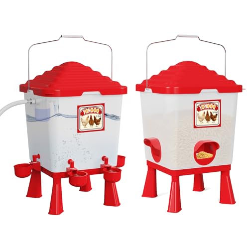 YONOOQ 5 Gallon/26 Pounds Automatic Chicken Feeder and Waterer Set, Chicken Waterer with Automatic Float Valve, No Waste, Rain Proof Poultry Feeder, Chick Coop Accessories, for Chicken, Duck, Turkey