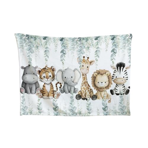 Image of HawSkgFub Safari Jungle African Animal Eucalyptus Leaf Baby Blanket Boy Shower Gift, Elephant Giraffe Lion Flannel Fleece Nursery Bed Receiving Swaddle Soft Newborn Infant Toddler Crib Bedding 30 x 40