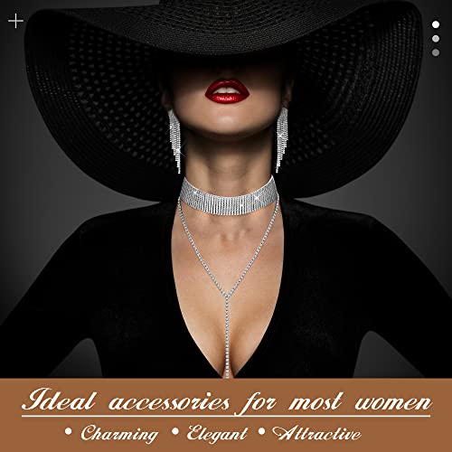 Sanfenly 6 Pieces Women Crystal Jewelry Set Rhinestone Choker Necklace Stretch Bangle Bracelet Ring Dangle Fringe Earrings Triangle Glitter Bling Purse for Bridal Wedding Party3