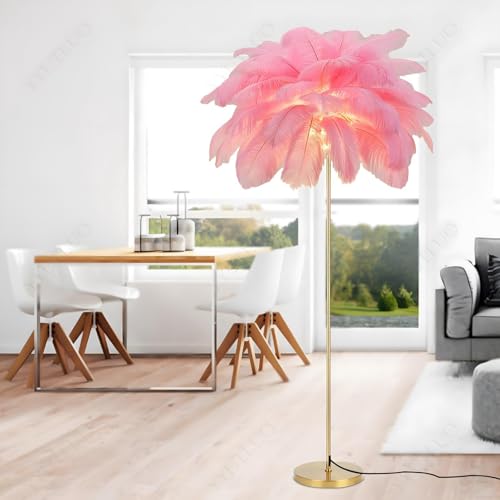 YYUTLUO Lámpara De Plumas Moderna, Lámpara De Pie De Plumas De Avestruz Natural, 160cm De Altura, Poste Dorado Y Luz De Pie Con Base, Bombillas LED G4 De 3 Temperaturas Color Sala De Estar (Rosa)