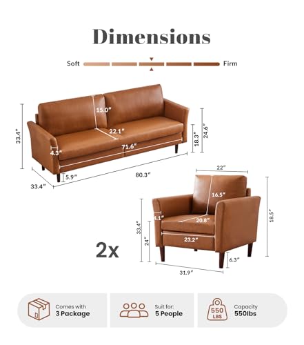 Image of Kingfun 3 Piece Living Room Furniture Sets, 3 Seater Couch and 2 Armchair, Faux Leather Couch Set, Mid Century Modern Sofa Set with Solid Wood Frame for Living Room, Office, Mid Brown