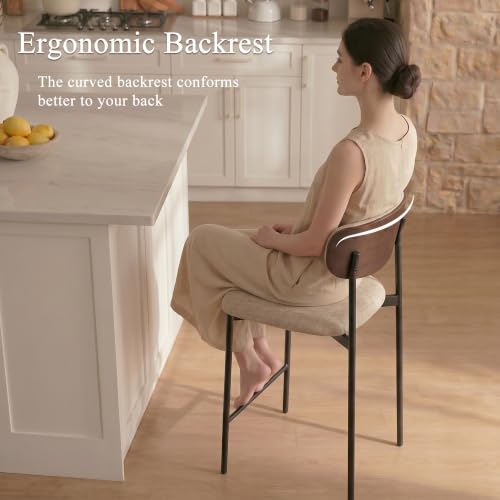 Image of GrandNoor Modern Bar Stools Set of 2, 24 Inch Upholstered Fabric Counter Height Bar Stools with Curved Backrest & Metal Legs, Counter Height Stools with Back for Kitchen Island