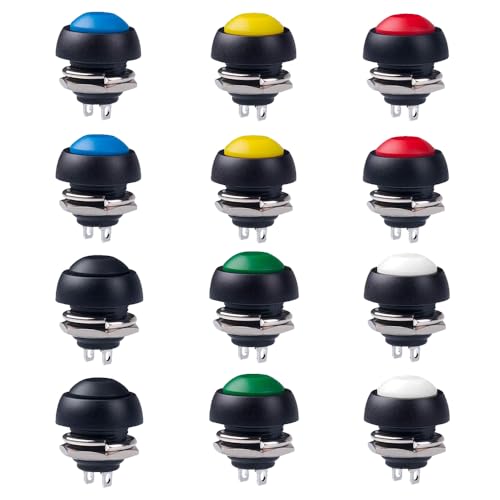 12Pcs PBS-33B 12mm Round Push Button Momentary Switch - SPST Waterproof Mini Switch 1A 250VAC Normally Open (NO)