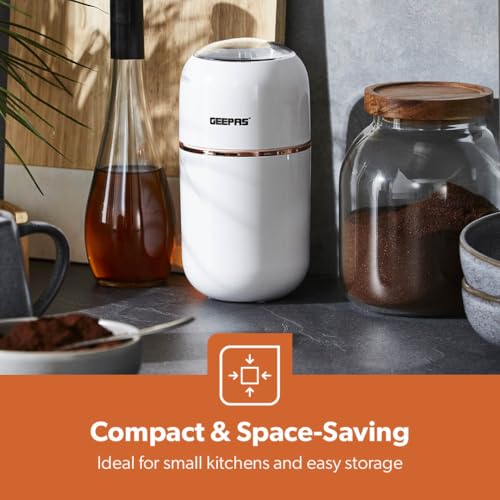 Geepas Coffee Grinder 80 g Capacity | Stainless Steel Bowl & Double Blades | Electric Dried Spice Nuts Herbs Beans Coffee Grinder | Small Fixed Mill with Transparent Lid | 2 Year Warranty, 200W, White
