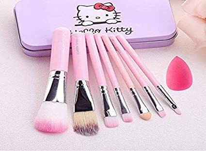 D Best Makeup Brush Set of 7 with hello kitty print storage box and makeup Blending puff