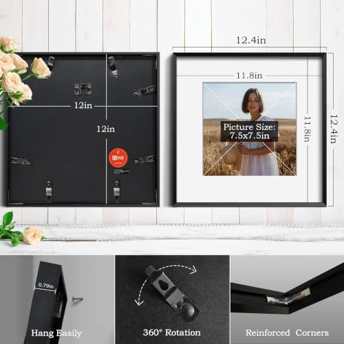Image of VCK 12x12 Aluminum Black Picture Frames with Mat for 8x8 Picture or 12x12 without Mat, Metal Square Photo Frame with Real Tempered Glass For Wall (1 Pack)