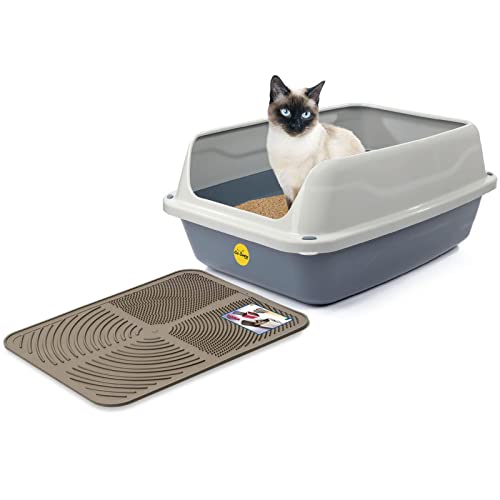 CAT CENTRE Big Grey Open Cat Litter Tray + Grey Tray Mat High Sided Rim Extra Deep Anti-Spillage XL Toilet Box Pan Loo High-Spraying Adult Cats Lowered Entry Step Detachable Rim Rounded Corners