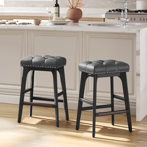 VASAGLE Bar Stools Set of 2, Saddle Counter Height Bar Stools, 26-Inch Backless Kitchen Stools with Wood Legs, PU Leather Thickened Upholstered Barstools for Kitchen Island Dining Room, Ink